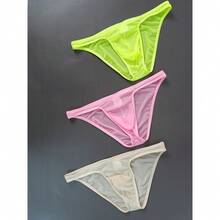 Local Delivery‌ Sheer Mesh Triangle UnderwearSet Of 3 Men'S Solid Color - Apricot + Green + Pink - View 5
