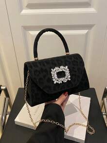 Fashionable Minimalist Rhinestone Metal Decor Leopard Print Flap Mini Square Bag, Elegant Handbag Suitable For Women Shopping, Party, Evening And Daily Use - Black - View 1