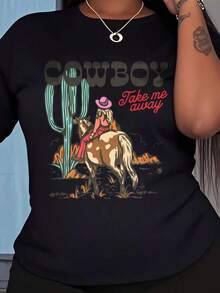 Women's Graphic Print Cotton T-Shirt - "Cowgirl Take Me Away Desert" Design, Loose Fit, Short Sleeve, Crew Neck, Breathable, Casual, For Parties And Everyday Wear, Ladies' T-Shirts, Cowboy Theme T-Shirt, Comfortable Fabric, Party Outfit, Cartoon Design, Soft Material, Printed T-Shirt, For Adults (Sweet And Refreshing, For Teens, Unisex) - 黑色 - 查看 3