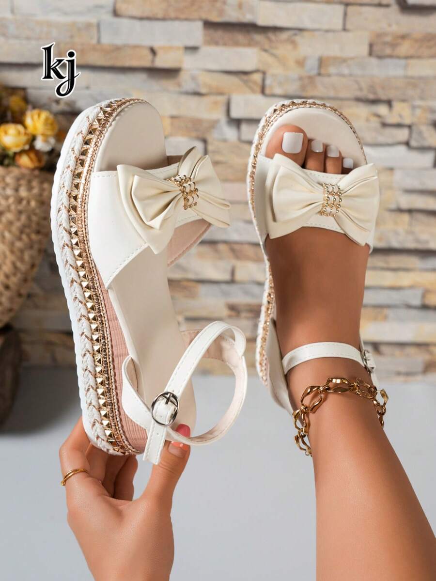 Women's Platform Wedge Sandals, Non-Slip Comfortable Soft Leather Bowknot Rhinestone Rivet Woven Solid Open Toe Ankle Strap Thick Bottom Flatform Sandals, Sweet European And American Style For Spring/Summer, Suitable For School, Commuting, Dating, Shopping, Beach, Daily Wear, Milky White - Beige - View 1