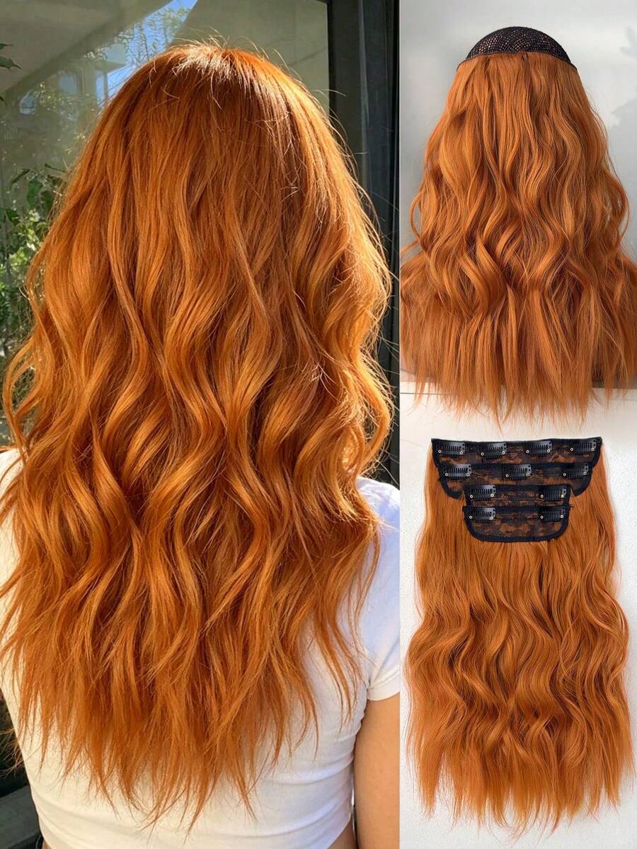 4 piezas de extensiones de cabello onduladas de 16 pulgadas de color rojo-naranja natural, piezas de cabello sintético adecuadas para uso diario de mujeres y niñas