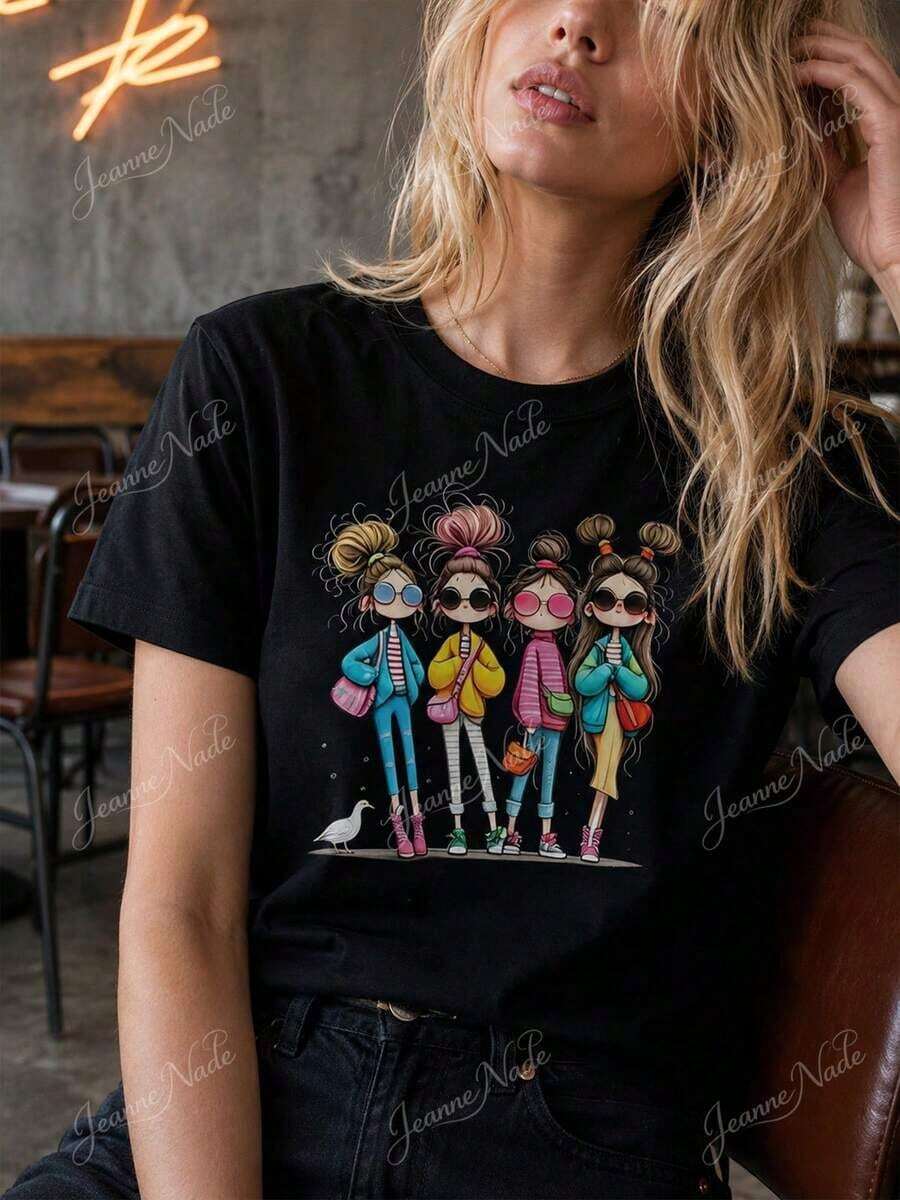 Fashionable Graphic Tee For Women, Casual Summer Style, 100% Cotton, Soft, Breathable, Loose Fit And Short Sleeve, Summer Outfits For Women, Available In Plus Sizes, Going Out Clothes, Girls' Night Brunch Top. - 黑色 - 查看 1
