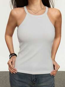 2pcs Basic Solid Color Ribbed Halter Neck Camisole, Slim Fit Sleeveless Layering Top, Casual Comfortable Backless Undershirt - Multicolor - View 9