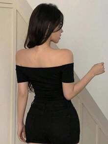 Women's One-Shoulder Sheer Stretch Mesh Blouse, Spring/Summer Off-The-Shoulder Style - 米色 - 查看 3