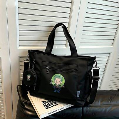 Miniso Bộ 2 túi tote đa năng cỡ lớn màu đen in hình kiếm sĩ Roronoa Zoro trong One Piece, kèm ví đựng tiền xu có thể tháo rời, có thể mang theo nhiều cách, lý tưởng cho công việc, du lịch, mua sắm và sử dụng hàng ngày.