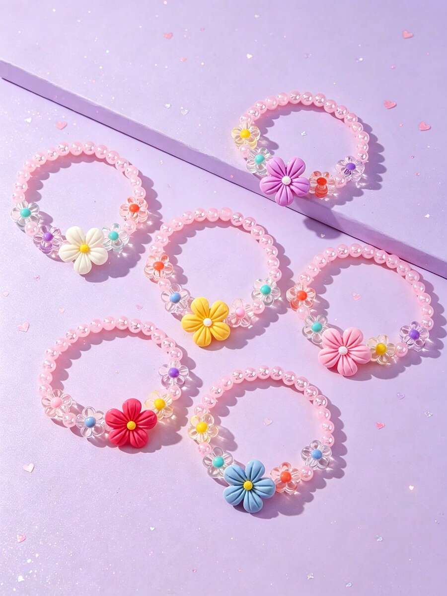 6pcs/Set Cute Flower Beaded Bracelets Set For Girls, Colorful Beads For Holiday Party, School, Daily Wear - Multicolor - View 1