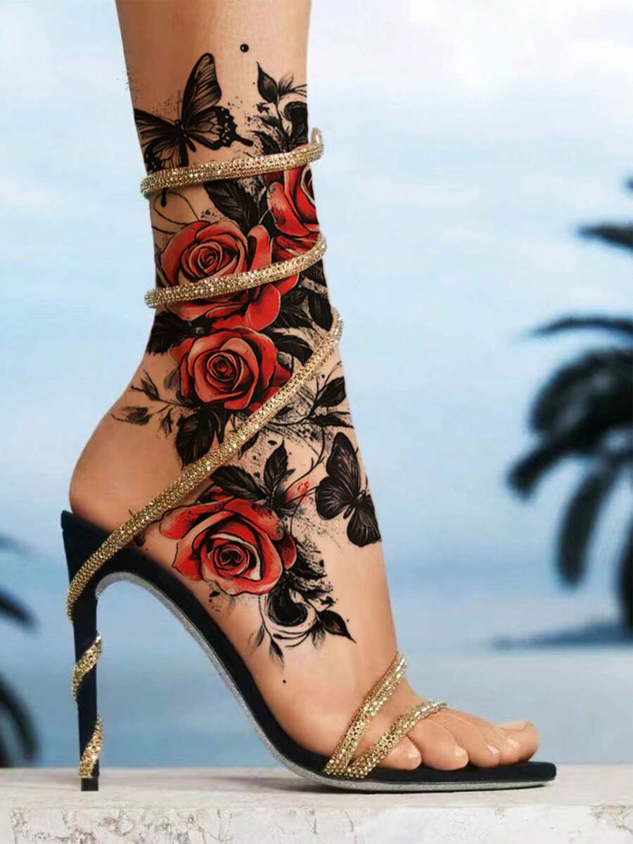 STARTTOOS Red Rose & Dark Butterfly Pattern Large Arm Tattoo Sticker - DIY Carnival Party Holiday Gift, Sexy Thigh Chest Abdomen Back Body Waterproof Realistic Temporary Tattoo Sticker