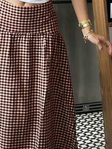 大尺碼女款優雅格紋滿版印花長裙，適合休閒日常與通勤穿著，夏季棕色 - 棕色 - 查看 4