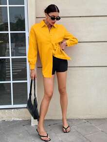Frenchy Conjunto a juego de 2 piezas de estilo callejero Y2K para mujer: Camisa rosa oversize con botones y mono negro slim - Conjunto de ropa deportiva para viajes en avión, casual de verano y vuelta al cole - Amarillo - Ver 4