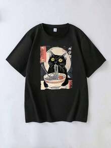 Plus Size Women's Short-Sleeved T-Shirt With A Cartoon Cat And Ramen Print, Suitable For Everyday Wear, Outings, Parties, School, Music Festivals, Vacations, Commuting, And Other Occasions. It Makes A Great Gift For Family, Boyfriends, Girlfriends, And Friends, And Is An Ideal Summer Clothing Choice For Girls. Black - 黑色 - 查看 2