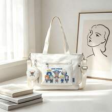 Miniso One Piece Chibi Straw Hat Crew Print White Casual Multi-Functional Large Capacity Tote Bag 2 Pieces Set With Detachable Coin Purse, Multi-Way Carry, Ideal For Work, Travel, Shopping And Everyday Use - White - View 1