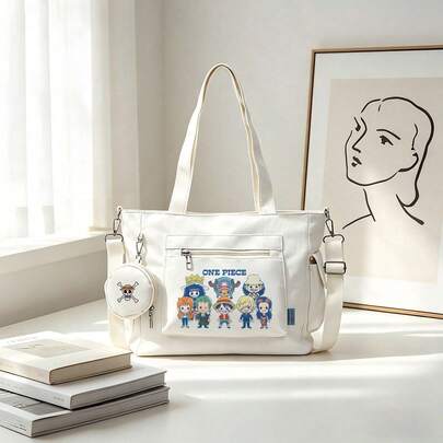 Miniso One Piece Q版草帽一夥印花白色休閒多功能大容量托特包 2件組，附可拆卸零錢包，多種攜帶方式，適合工作、旅行、購物及日常使用
