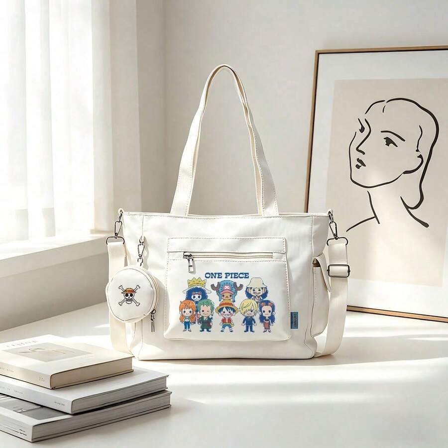 Miniso One Piece Chibi Straw Hat Crew Print White Casual Multi-Functional Large Capacity Tote Bag 2 Pieces Set With Detachable Coin Purse, Multi-Way Carry, Ideal For Work, Travel, Shopping And Everyday Use - White - View 1