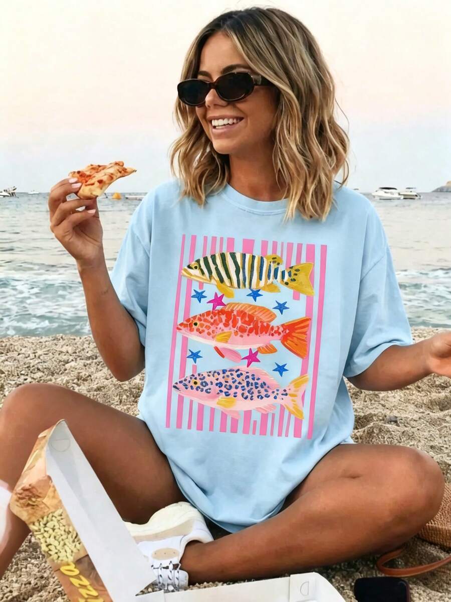 Fish Shirt,Women's Summer Boho Tee - Coastal Beach T-Shirt, Striped Fish Trio Shirt , 2026-Cute Clothes,Beach Vacation Outfits Woman - 薄荷藍 - 查看 1