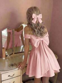 Women's Solid Color Mini Dress With Bow And Open Back - Dark Grey - View 10