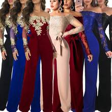 SJ3227 Women's Casual Water-Soluble Lace Off-Shoulder Wide-Leg Jumpsuit 7 Colors - 藍色 - 查看 2