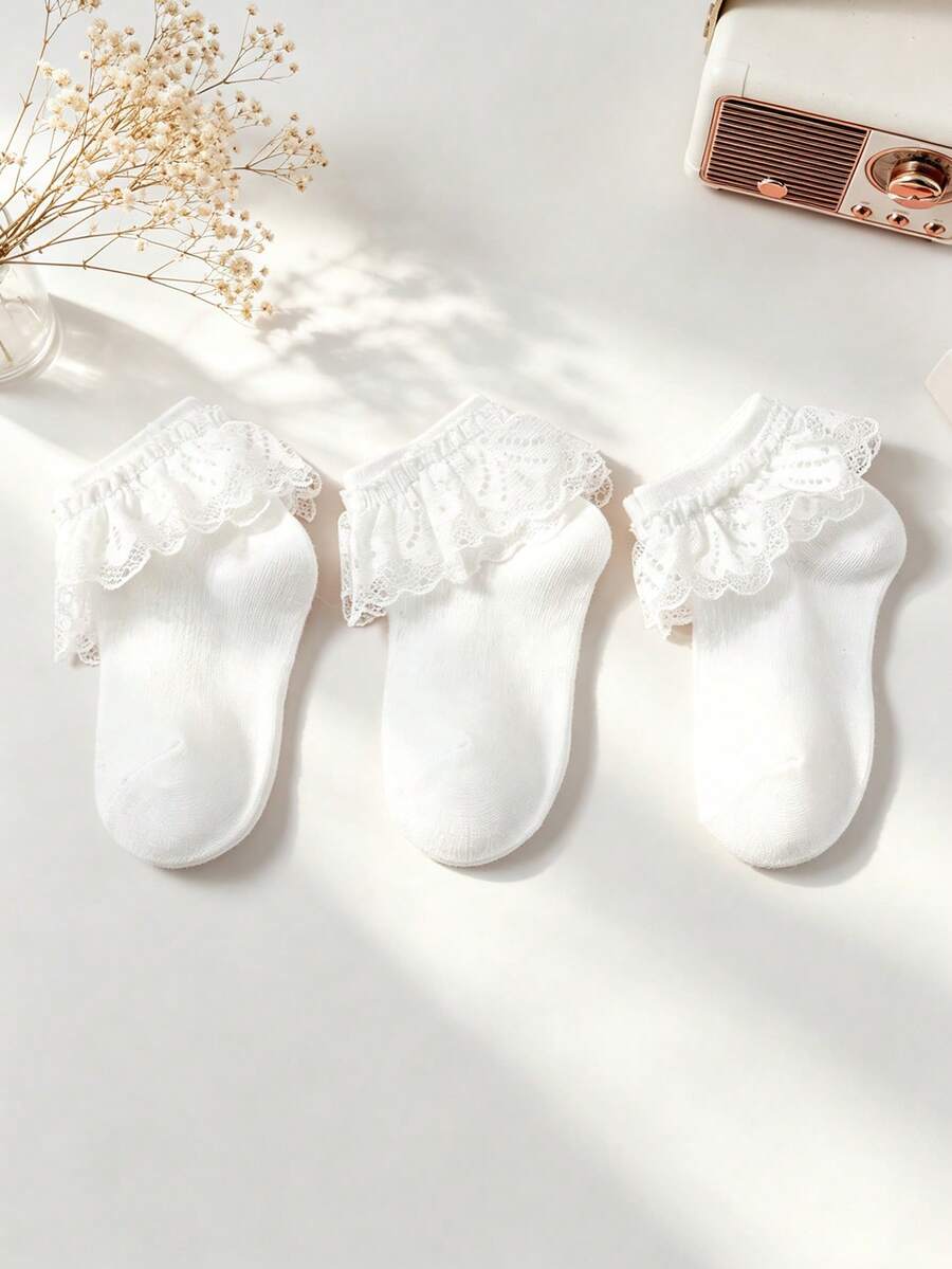 1/3 Pairs Girls White Princess Style Lace Trim Socks, Breathable Mesh Embroidered Short Socks, Fashion , Soft & Comfortable, Versatile For Casual, Home, Outings, Dance Performances, Holidays, Back To School - White - View 1
