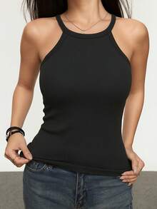 2pcs Basic Solid Color Ribbed Halter Neck Camisole, Slim Fit Sleeveless Layering Top, Casual Comfortable Backless Undershirt - Multicolor - View 6