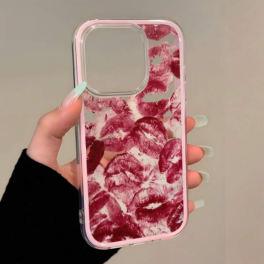 1pc Pink Frame Transparent Minimalist Lens Protection Anti-Fall Anti-Collision Lip Print Phone Case, Personalized For IPhone 16 Pro Max, 17/16/15/14 Plus/13/12/11, Air, Suitable For Samsung Series - Multicolor - View 1