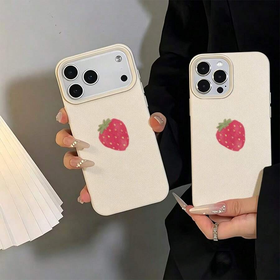 1 pieza Funda de teléfono con diseño de fresa pintado a mano de material TPU, minimalista, compatible con iPhone 17 Pro Max/17/16 Pro Max/15/13/12/11, S20 FE/A15/S24/A55, Note 11/12/13 Pro, protección corporal completa a prueba de golpes y suave - Blanco - Ver 1