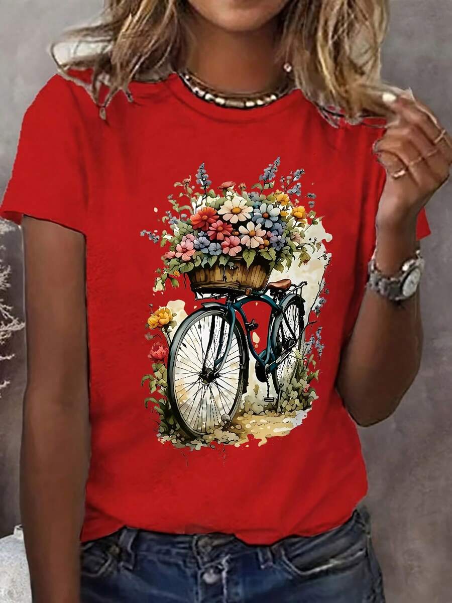 Camiseta Casual de Manga Corta para Mujer - Estampado Geométrico, Top de Verano con Cuello Redondo Transpirable, Camisa Ligera Lavable a Máquina, Ropa Cómoda y Fácil de Cuidar, Diseño Vibrante, Ajuste Confortable - [Rojo] - Ver 1