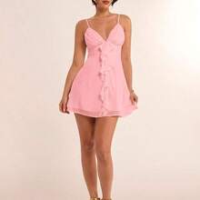 Vestido mini de princesa con cuello en V, diseño de volantes, dulce, color blanco puro, con diseño de copas sexy, adecuado para primavera/verano, Día de San Valentín, graduación - Amarillo - Ver 7
