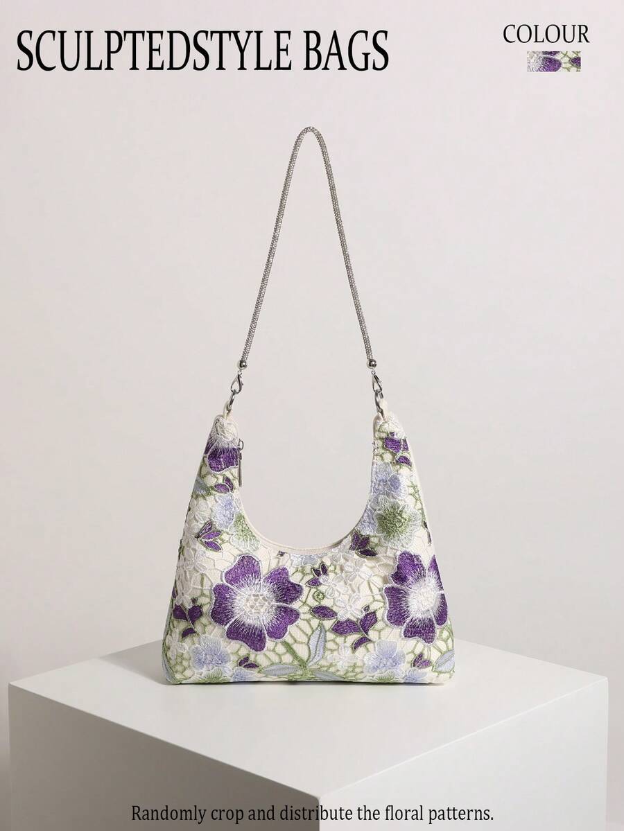 Yellow Green Lace Hollow Floral Hobo Shoulder Bag With Sparkling Rhinestones For Women, Suitable For Vacation (Floral Pattern Randomly Distributed) - Purple - View 1