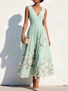 Elegant Women's Dress With Floral Pattern, Pleated Texture, And Flowing Cut - Green - View 1