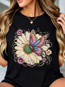 1 Piece Of White T-Shirt For Women With Butterfly And Flower Print, Round Neck, Casual Cotton T-Shirt, Medium Elasticity Knit Fabric, Regular Fit For Ladies, Sizes S-XXXL. - 黑色 - 查看 11