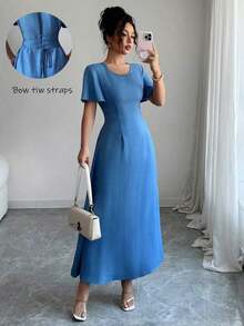 Vestido deslizante largo y elegante tipo A para mujer, para verano - Azul - Ver 6