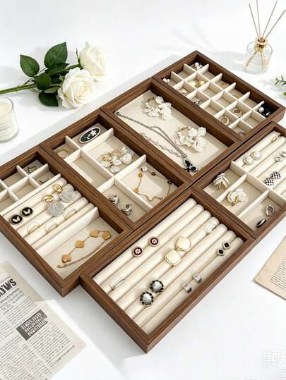 6/1pc Velvet Jewelry Tray, Jewelry Storage & Display Tray, Drawer Style Earring Organizer, Stackable Jewelry Tray, Multi-Function Jewelry Display Tray, Portable Multi-Purpose Storage Box, Office Desk Drawer Organizer