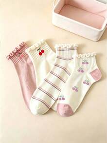 1/5 Pairs Women's Cherry Wood Ear Pink Short Socks, Cute Sweet Breathable Low-Cut Socks, Versatile For Daily Wear, Suitable For All Seasons - Multicolor - View 4