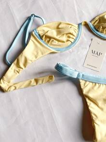 Underwire Bikini With Half-Cup Bra And Thong Bottom With Adjustable Straps. - Yellow With Blue (rim) - View 2