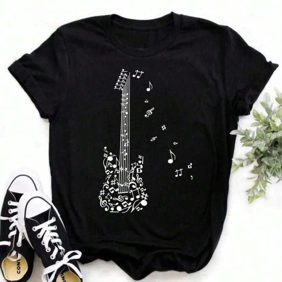 Camiseta Harajuku divertida con nota musical para mujer, Tops musicales, de manga corta Camiseta negra, camisetas informales para mujer - Negro - Ver 1