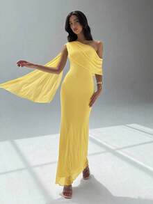 xheAloruh Vestido asimétrico de hombro de unicolor elegante para mujerxhe - Amarillo claro - Ver 4