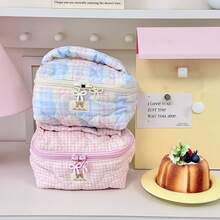 1pc Multi-Color INS Style Versatile Pouch, Plaid & Floral Patchwork Heart Design, Bow Decor Zipper Closure, Casual Foldable Lightweight Carry-On Bag, Cosmetic Organizer, Jewelry Storage Pouch, Multi-Functional Women's Toiletry Bag - Multicolor - View 9