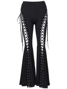 Women's Gothic Lace-Up Flared Pants With Chain Detail | High Waist Black Bell Bottoms | Grunge Y2K Streetwear Club Outfit | Sexy Edgy Vintage Punk Style - màu đen - Xem 4