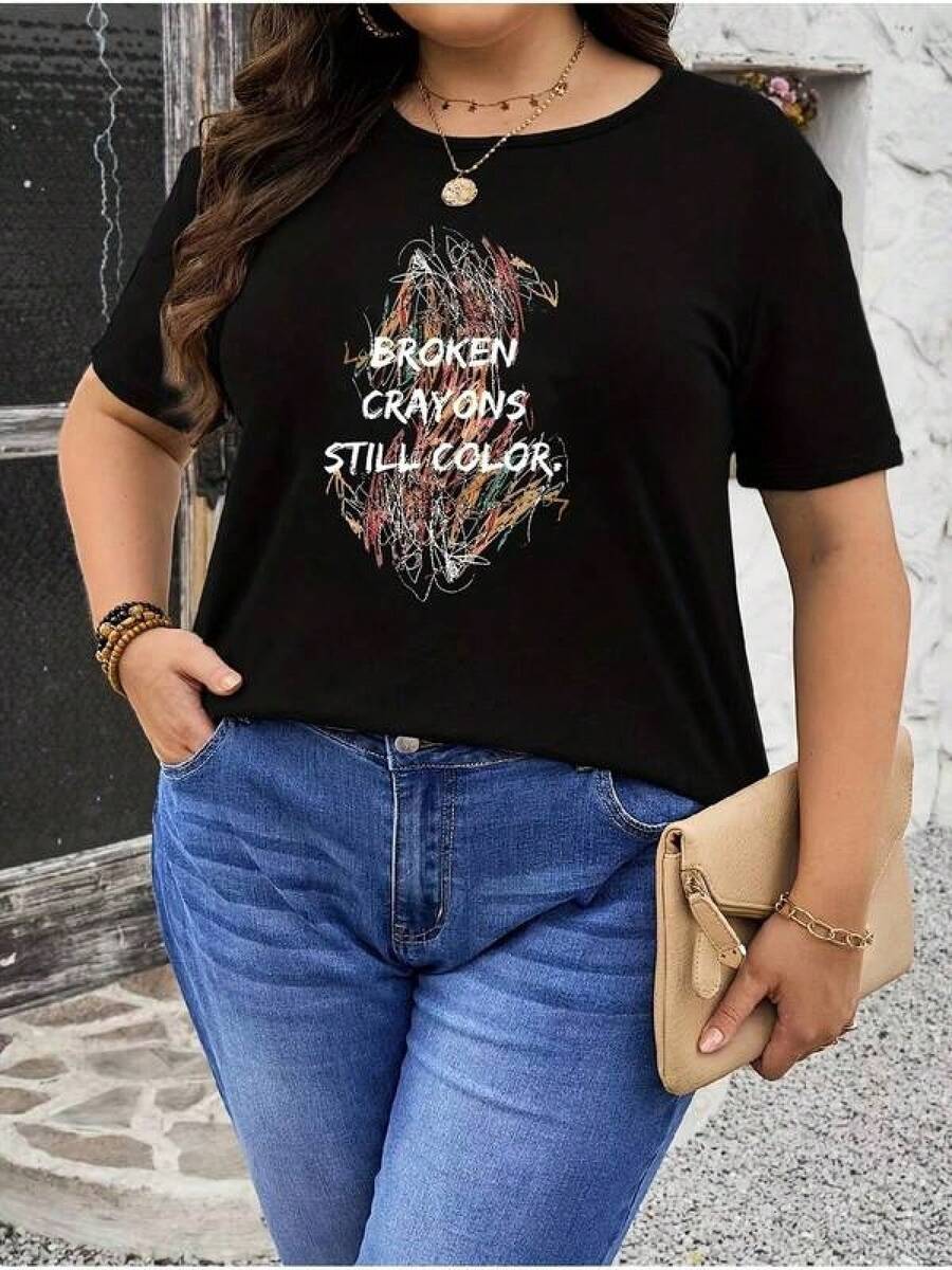 1 Piece Women's Casual Cotton Crew Neck T-Shirt - Fashionable Y2K Tee With A Unique Design Of Broken Crayons That Still Glow, Perfect For Highlighting Your Personal Style. Available In Black, To Match Any Outfit And Express Your Authenticity. Don't Miss Out! - 黑色 - 查看 1