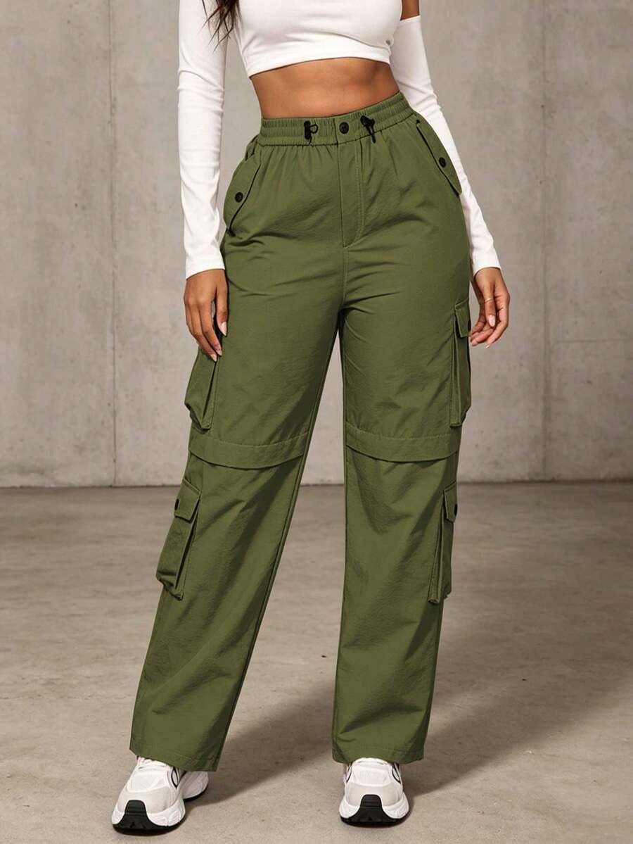 Women's Stylish Long Cargo Pants With Pockets And Button Zipper Details, Casual Woven Fabric Trousers For Fall And Winter Fashion, Non-Stretch - 軍綠色 - 查看 1