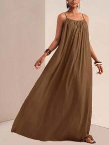 xheZivah Vestido holgado de mujer con textura vertical, corte suelto, de color caqui, de manga corta y ajustable, apropiado para el verano de 2025, festivales de música, Pascua, Día de San Patricio, estilo occidental, estilo nómada, fiestas de cumpleaños, temporada de graduación, uso casual diario, versátil, de ocio, vacaciones, viajes en crucero, playa, tomar el sol, popular en redes sociales. xhe - Óxido marrón - Ver 8