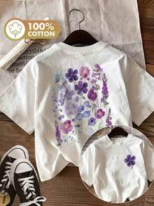 [Double-Sided Print] Women's Summer Casual Top, Floral Print Style, Blue T-Shirt With Blue And Purple Flowers, Round Neck, Short Sleeve [Ling K] - 白色 - 查看 7