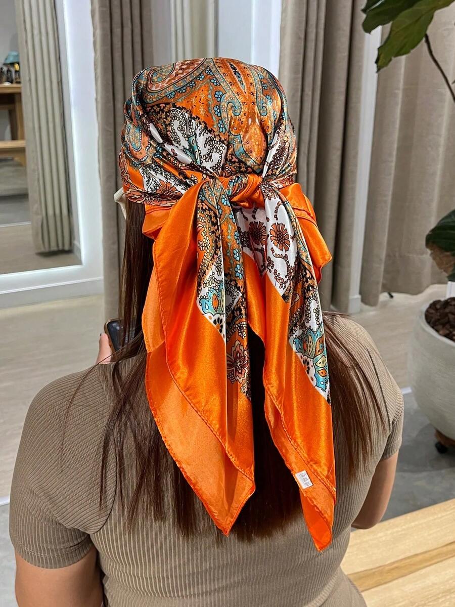 Women's Large Square Satin Scarf 90x90 Elegant Fashion Bandana For Hair And Neck - L5-laranja - 查看 1