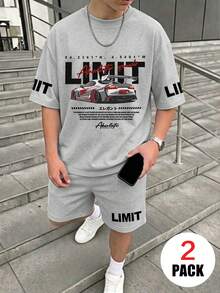 2pcs/Set Teen Boys Casual Set, Racing Theme Print Loose Top + Sports Shorts, Comfortable And Soft, Suitable For Summer And Sports - Grey - View 1