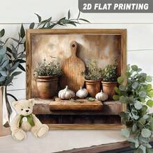 2D Flat, 1-Piece 2D Flat, Country Kitchen Still Life Painting With Garlic And Herbs In A Wooden Frame Sign, Vintage Wall Art, Farmhouse Style Decor For Kitchen, Dining Room, Home, Autumn Harvest, Spring Cooking, Cozy Living Space Decorative Signs And Panels, 8x8inch, 2D Flat - 8*8 Inches (20*20cm) - View 6