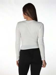 Blusa de mujer de unicolor con cuello de encaje, top ajustado sexy y de moda, blusa casual y única para uso diario y fiestas, color rojo primaveral - Blanco - Ver 8