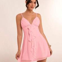 Vestido mini de princesa con cuello en V, diseño de volantes, dulce, color blanco puro, con diseño de copas sexy, adecuado para primavera/verano, Día de San Valentín, graduación - Amarillo - Ver 9