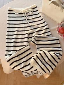 Pantalones casuales de punto con estampado de rayas blancas y negras y cintura con cordón para mujer - Blanco y Negro - Ver 5