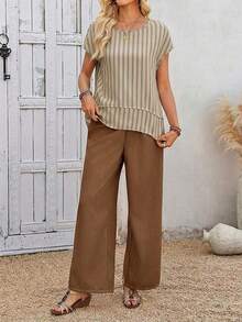 Conjunto de 2 piezas de top y pantalones de unicolor casual de vacaciones para mujer - Caqui 2 - Ver 3