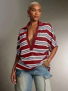 Top Polo a Rayas de Cuello Profundo y Talla Grande, Blusa Casual Vintage con Cuello en V, Cómoda para Uso Diario - Burdeos - Ver 1