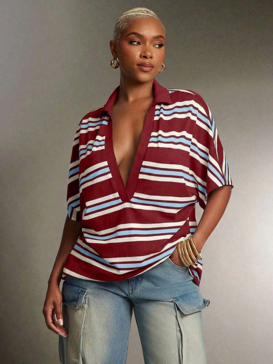 Top Polo a Rayas de Cuello Profundo y Talla Grande, Blusa Casual Vintage con Cuello en V, Cómoda para Uso Diario - Burdeos - Ver 1